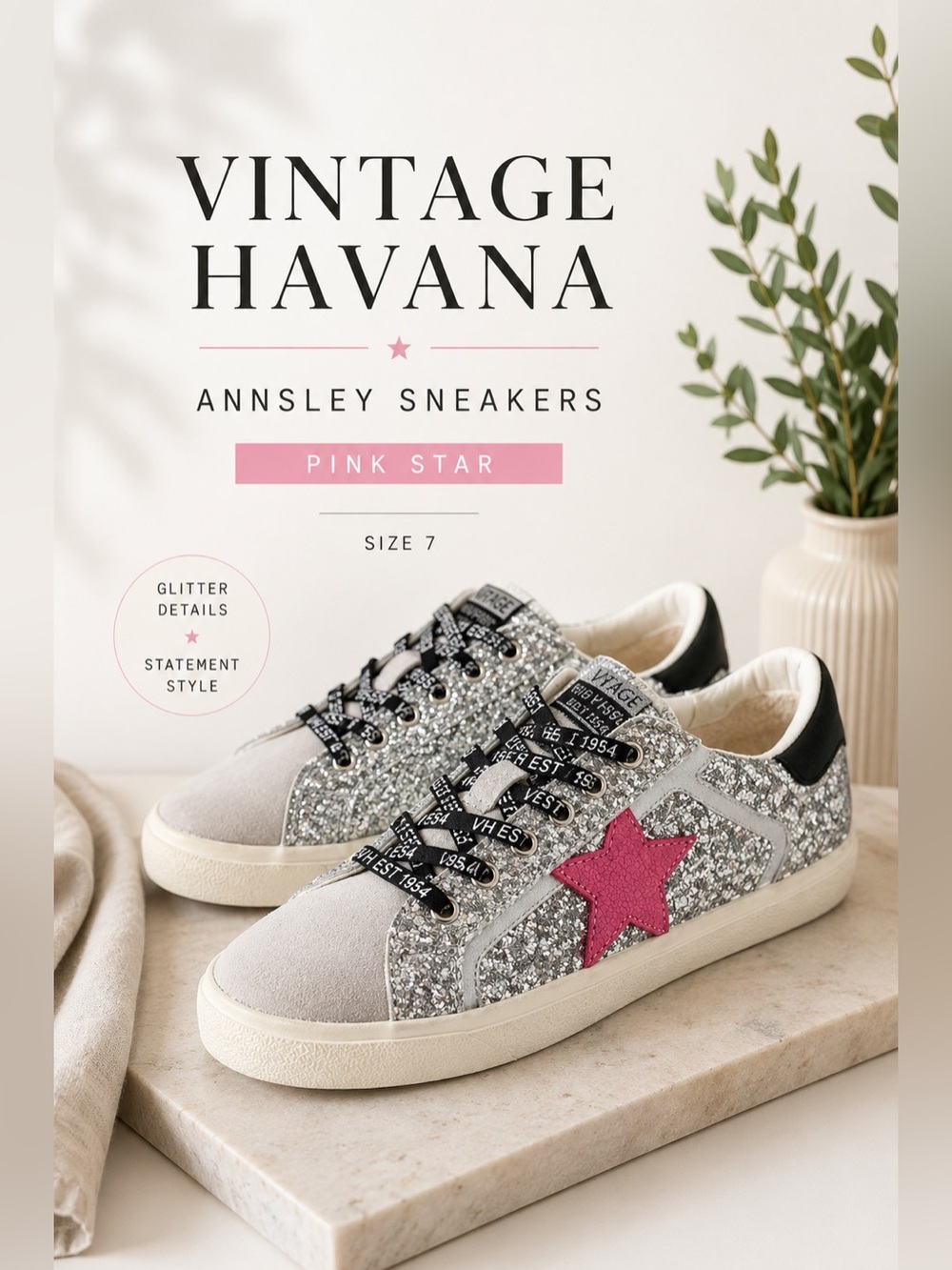 Vintage Havana Annslley Glitter Pink Star Sneakers Size 7